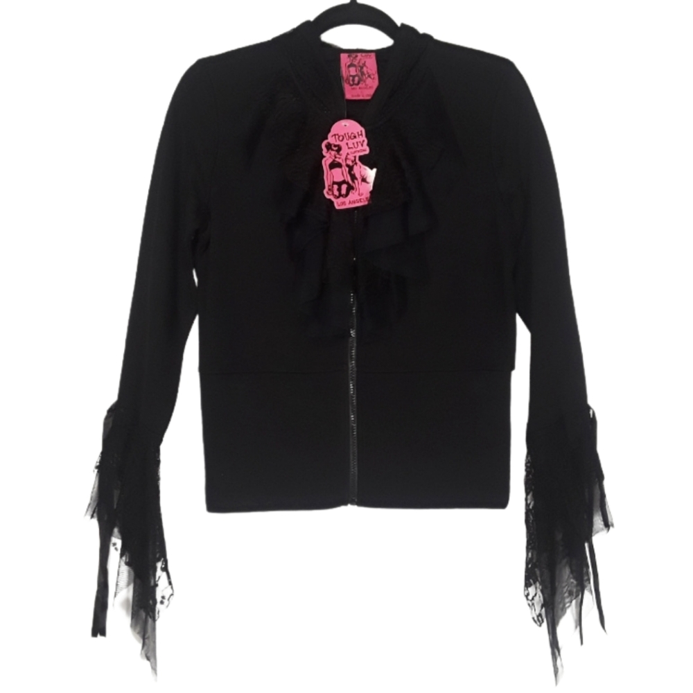 TOUGH LUV Silver Metallic Print Black Lace Sleeve Zip Up Sweater L NWT